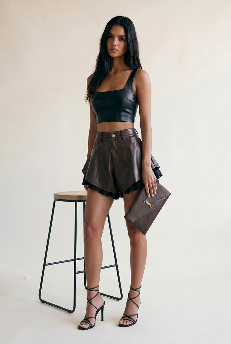 PU Flowing Shorts with Ruffle Hem