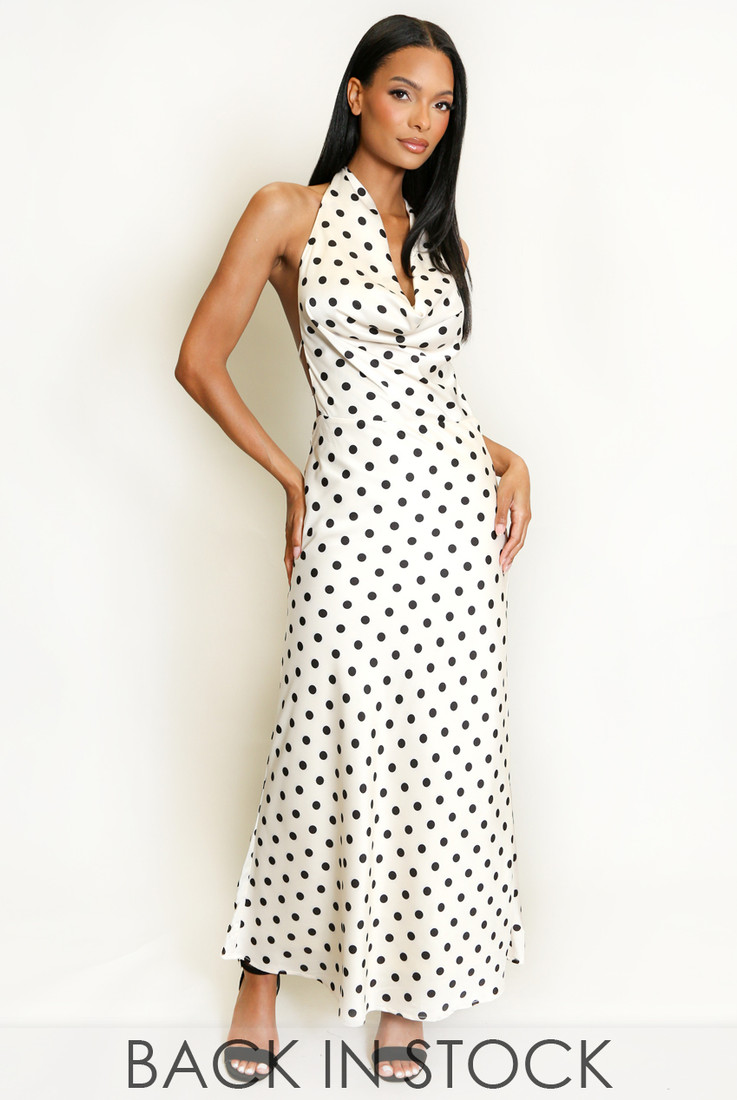 Satin Polka Dot Tie Back Midi Dress