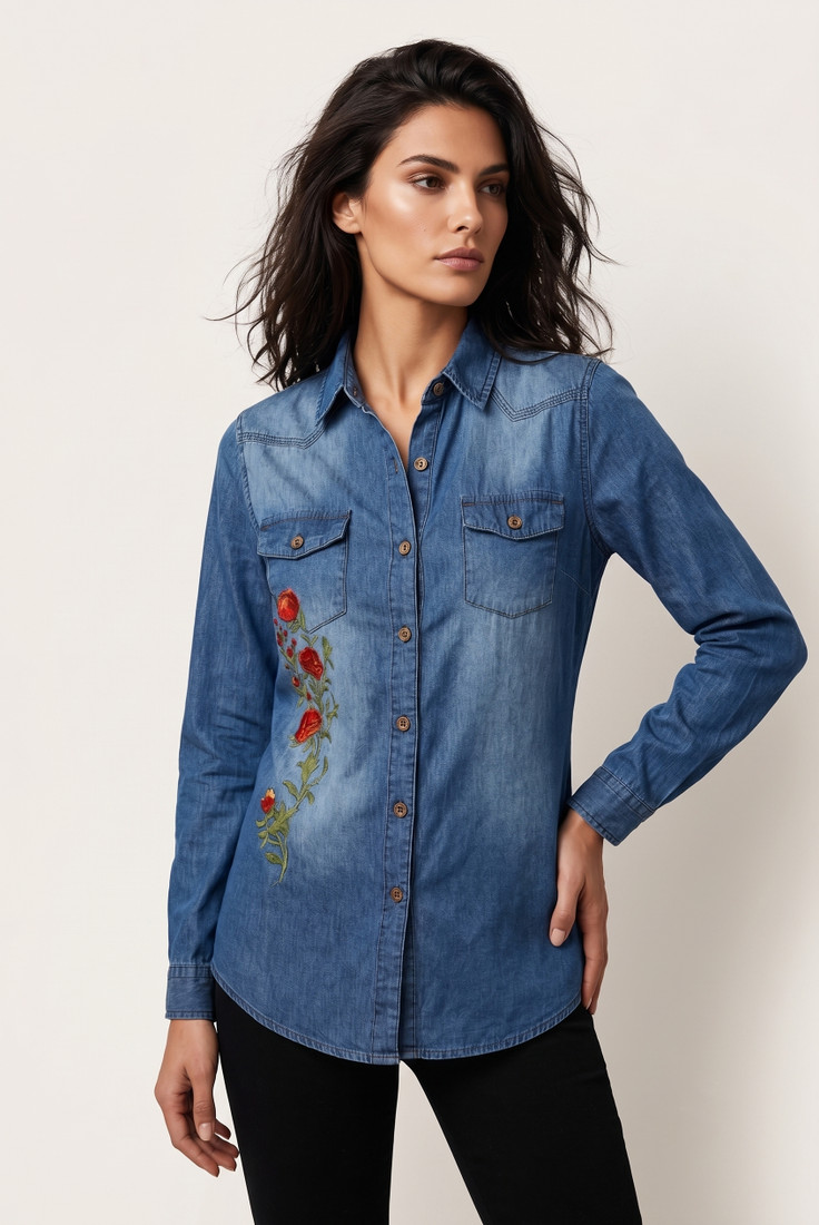 Embroidered Washed Denim Shirt