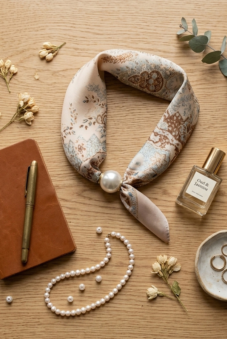 Printed Satin Pearl Clasp Neck Scarf 