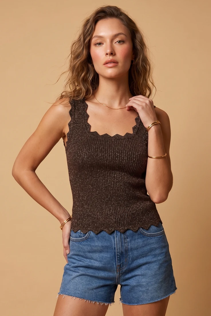 Lurex Scallop Hem Fine Knit Top
