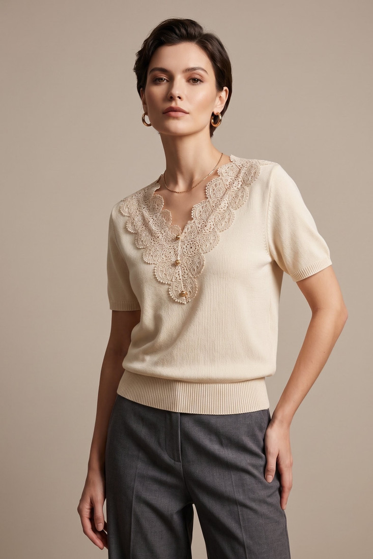Lace Neckline Soft Knit Top