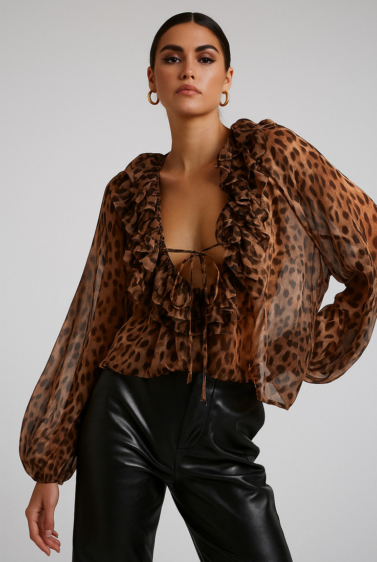 Leopard Print Chiffon Tie Front Blouse