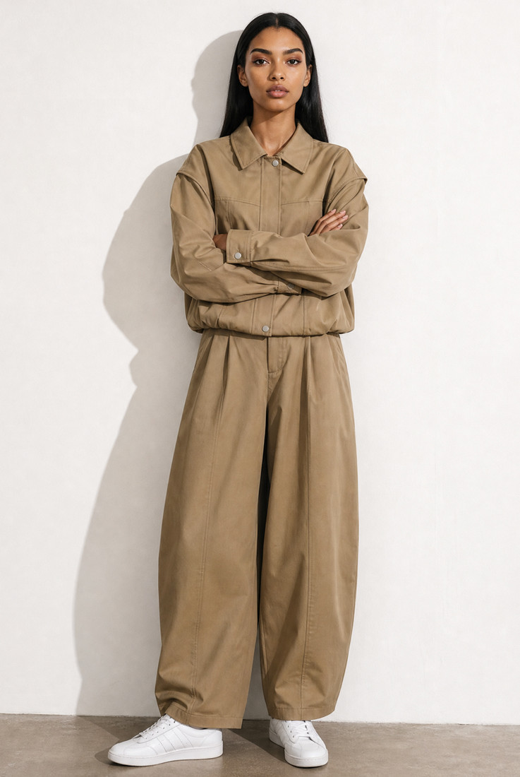 Dropped Shoulder Jacket and High Waist Wide Trouser Set