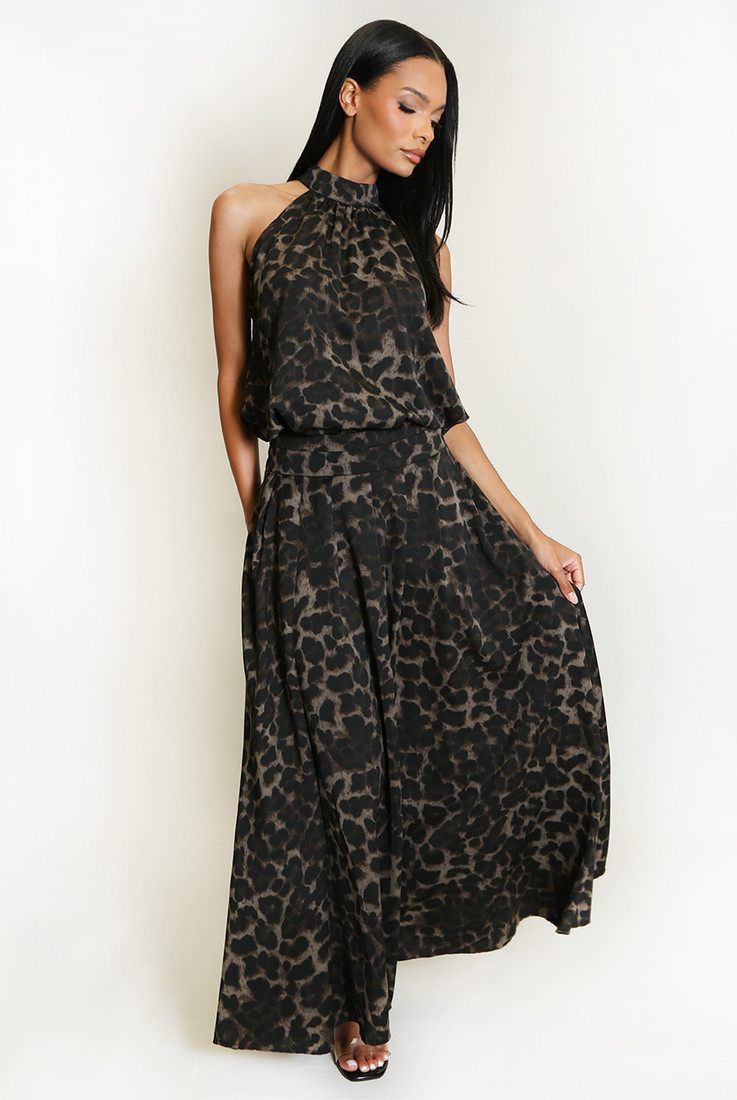 Leopard Choker Blouse and Skirt Set 