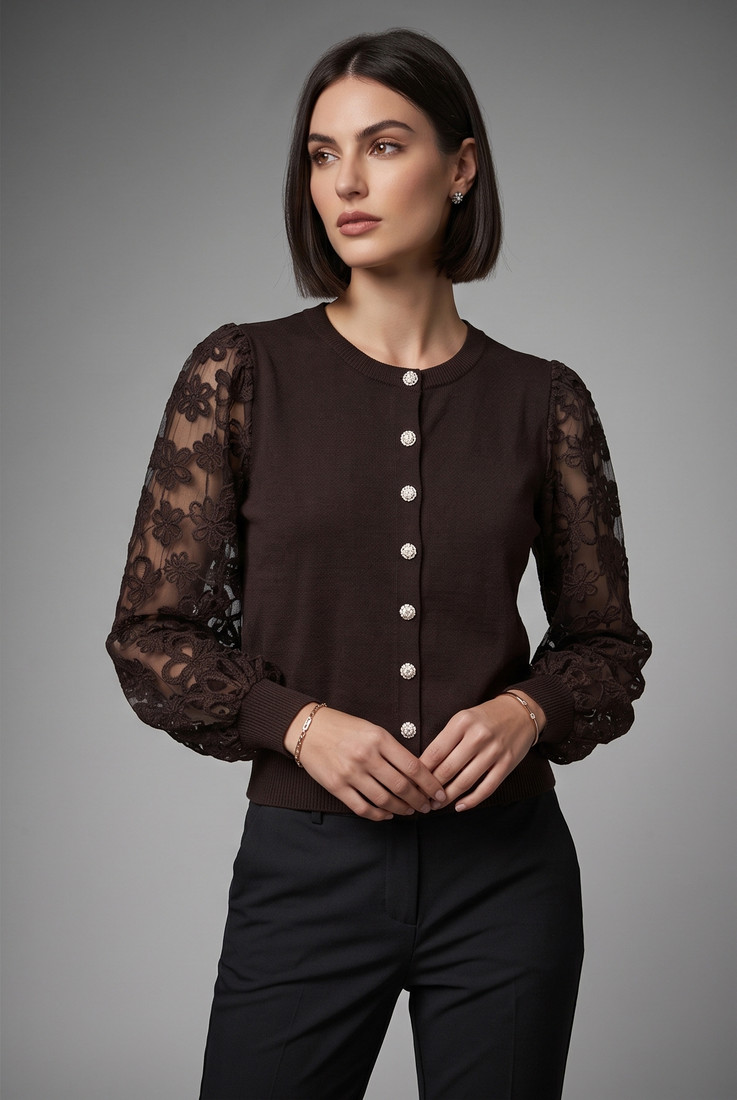 Lace Sleeves Fine Knit Top