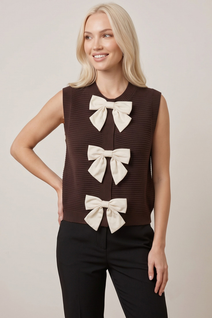 Bow-Detail Ribbed Knit Waistcoat