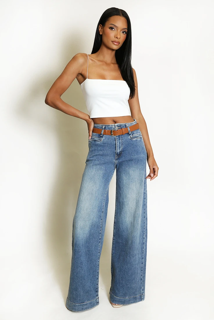 Washed Wide Leg Long Jeans 