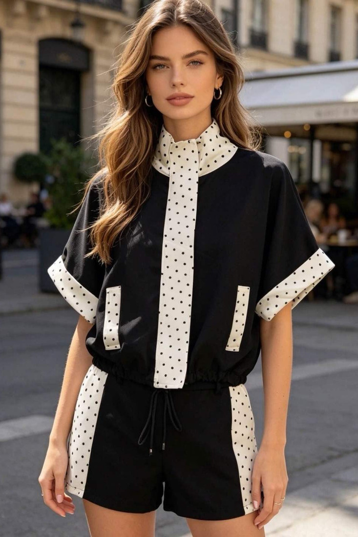 Polka Dots Half Sleeves Jacket and Shorts Set