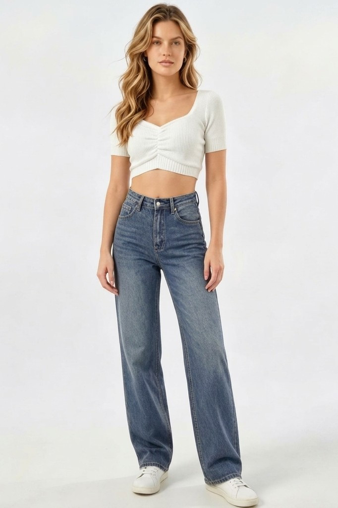 Washed Blue Straight Loose Jeans