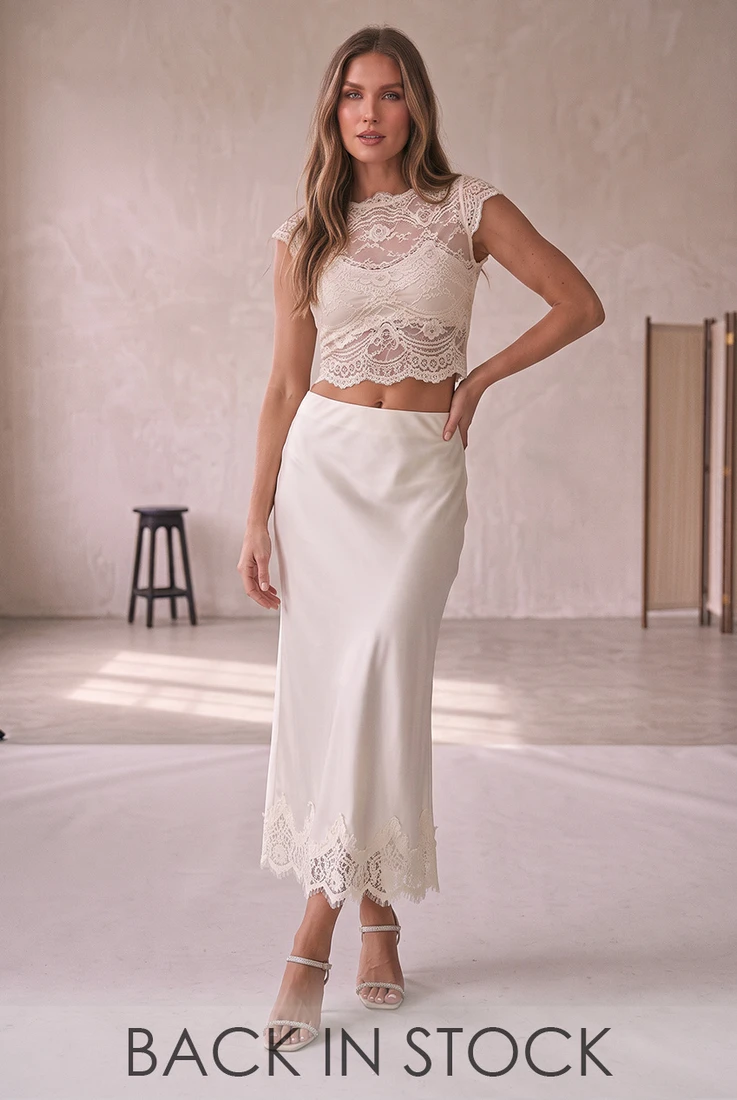 Satin Lace Hem Midi Skirt