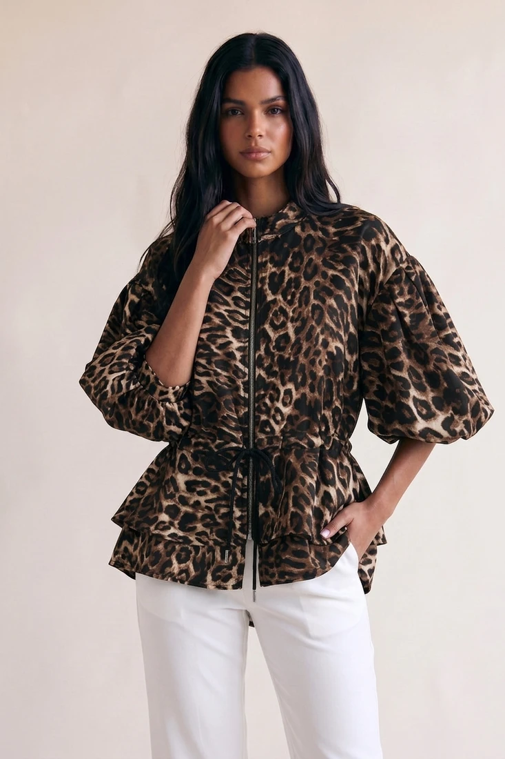Leopard Balloon Sleeve Peplum Jacket