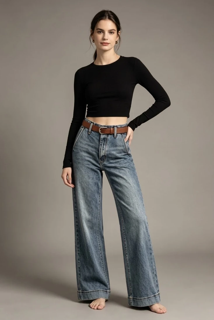 High Waist Full Length Wide Jeans