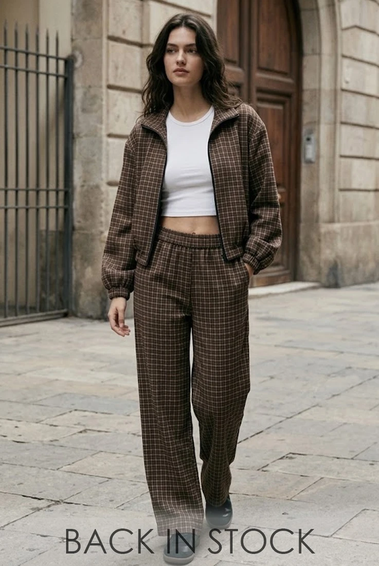 Check Jacket and And Wide Leg Trouser Set