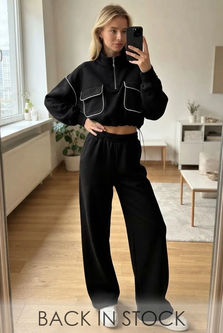 Contrast Piping Cropped Sweatshirt and Jogger Set