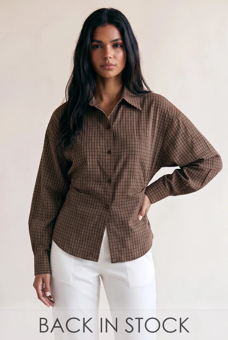Brown Check Gathered Back Blouse