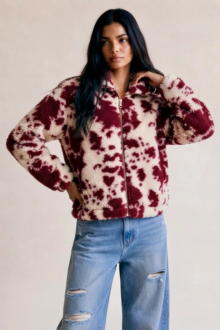 Cow Print Zip Through Borg Fleece Jacket