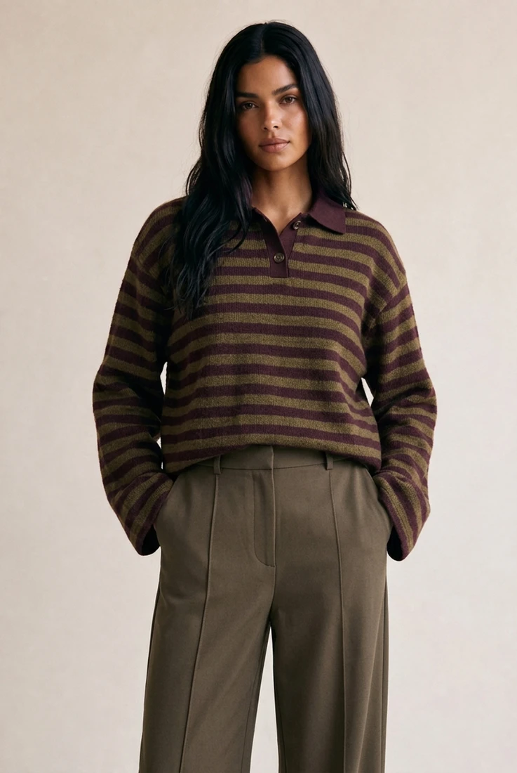 Striped Knit Jumper With Button Collar