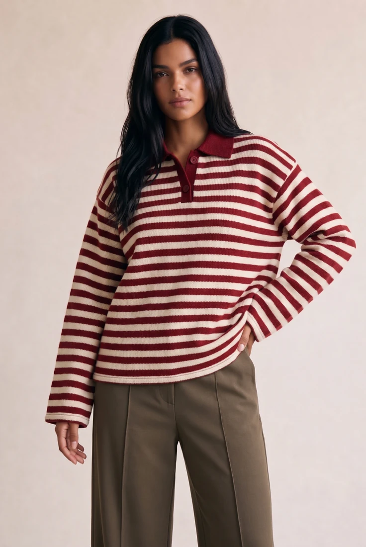Striped Knit Jumper With Button Collar