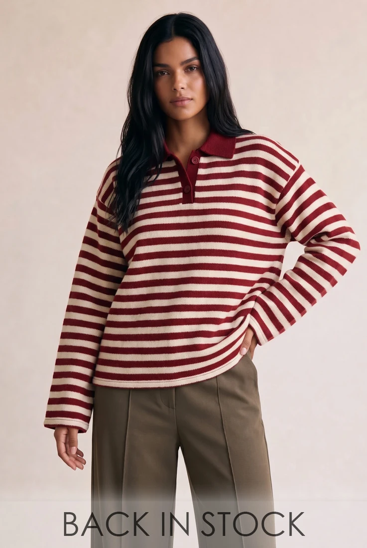 Striped Knit Jumper With Button Collar