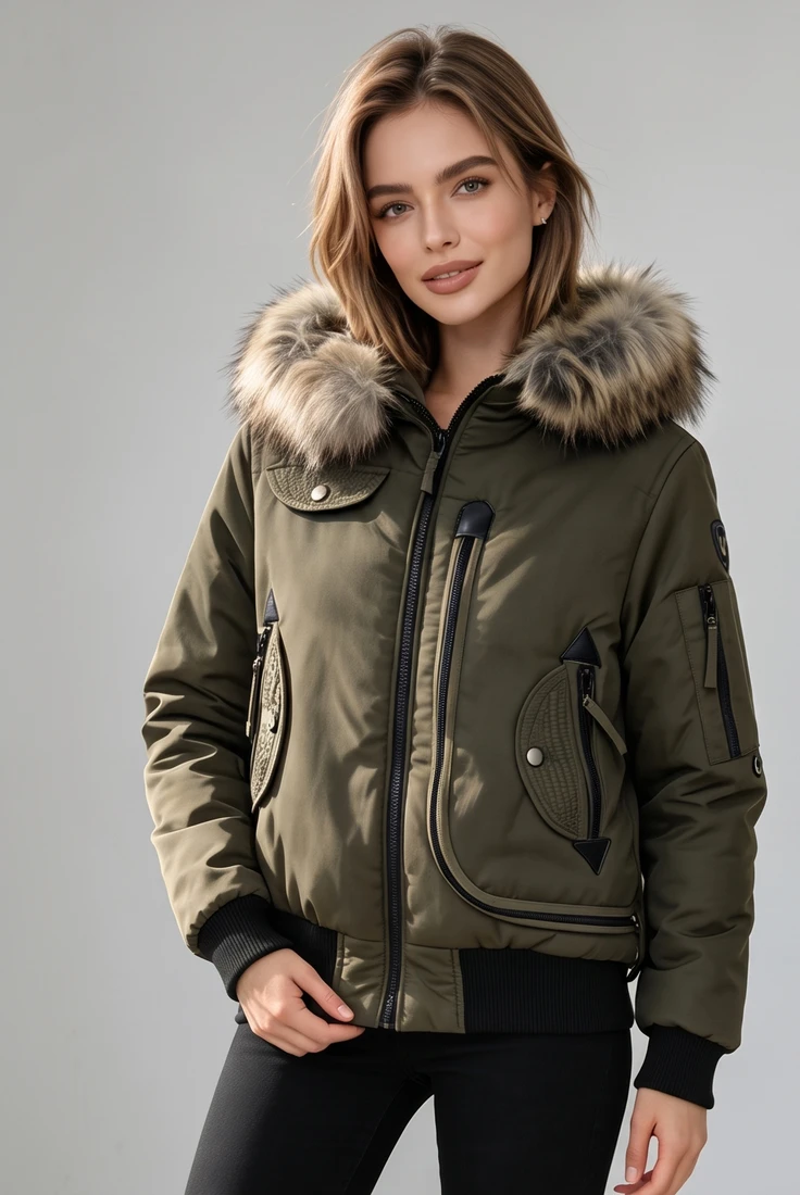 Khaki Faux Fur Hood Parka Jacket