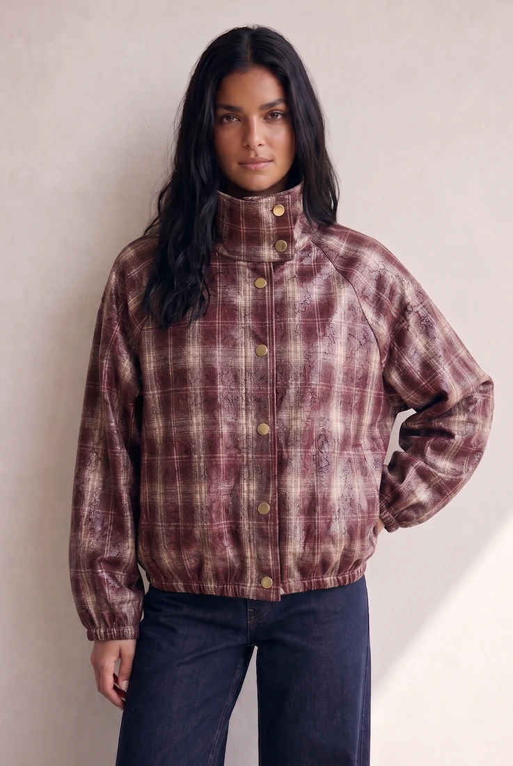 Cropped Plaid Funnel Neck Jacket