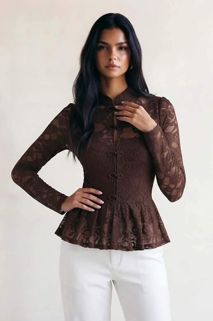 Lace Mandarin Neck Peplum Blouse