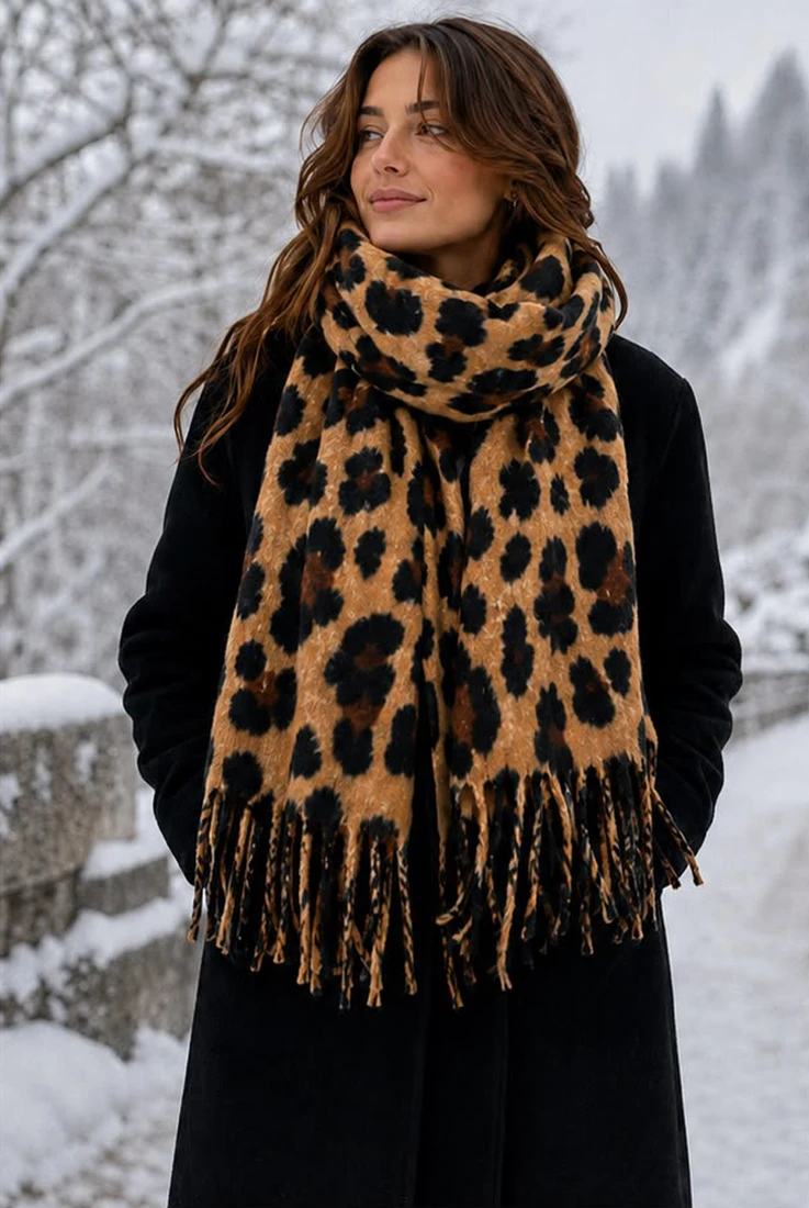 Wool Blend Leopard Print Tassel Scarf