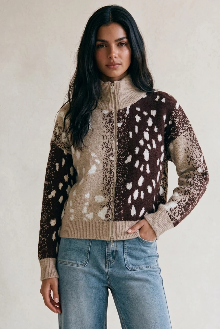 Deer Print Full Zip Cardigan