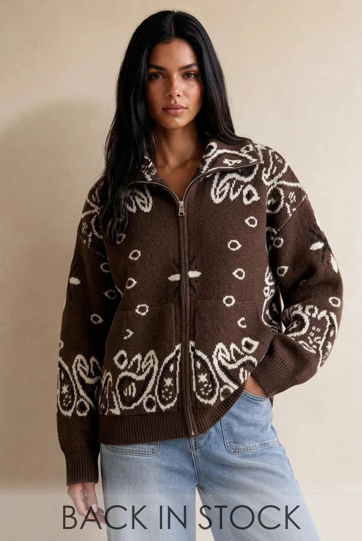 Paisley Print Full Zip Cardigan