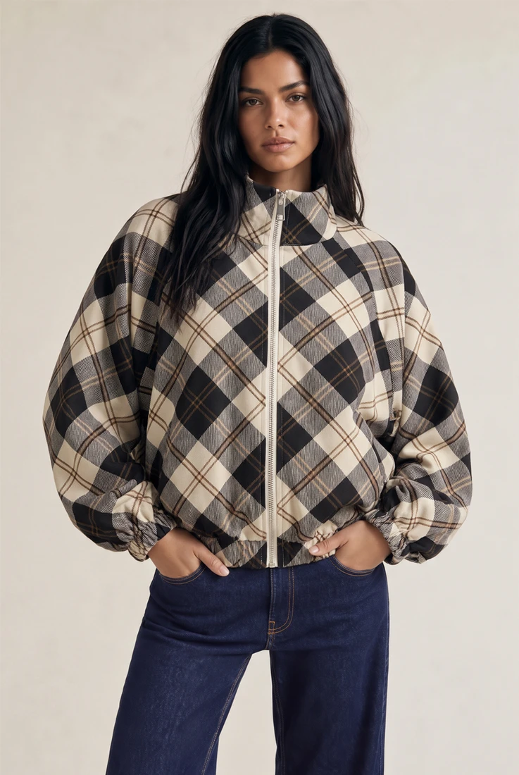 Plaid Check Balloon Sleeve Jacket
