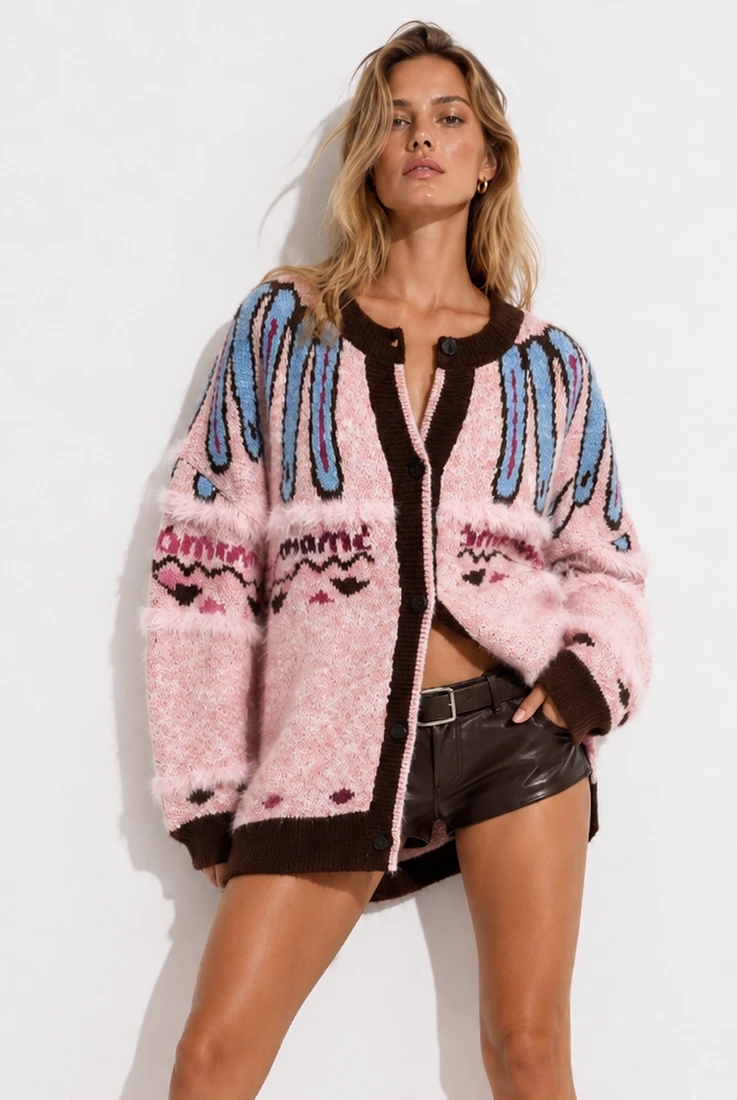 Pink Longline Cardigan With Faux Fur Detail