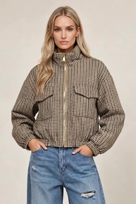 Patch Pockets Gingham Funnel-Neck Jacket 