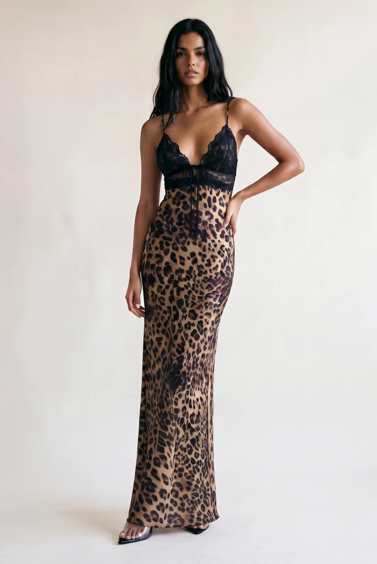 Lace Detail Leopard Satin Maxi Dress