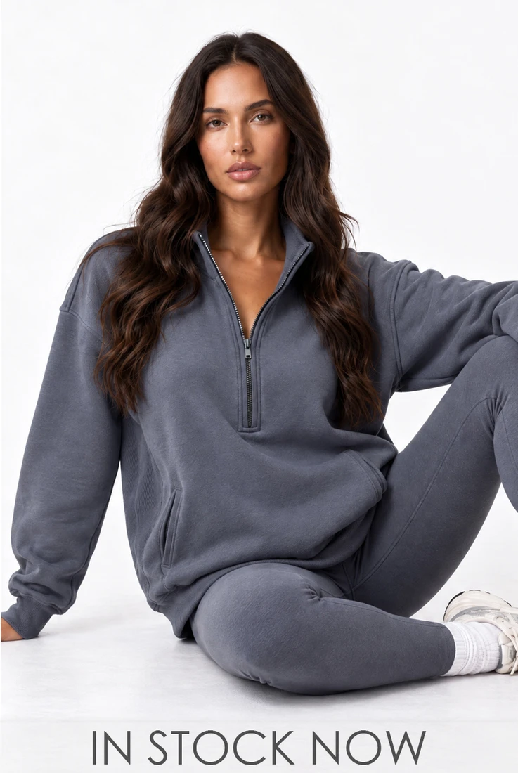 Half Zip Oversized Sweatshirt With Pockets