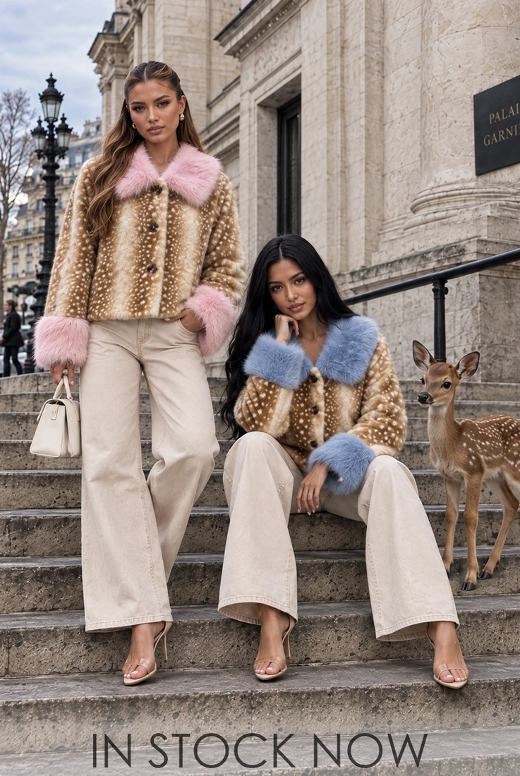 Deer Print Faux Fur Jacket With Fur Collar And Cuff