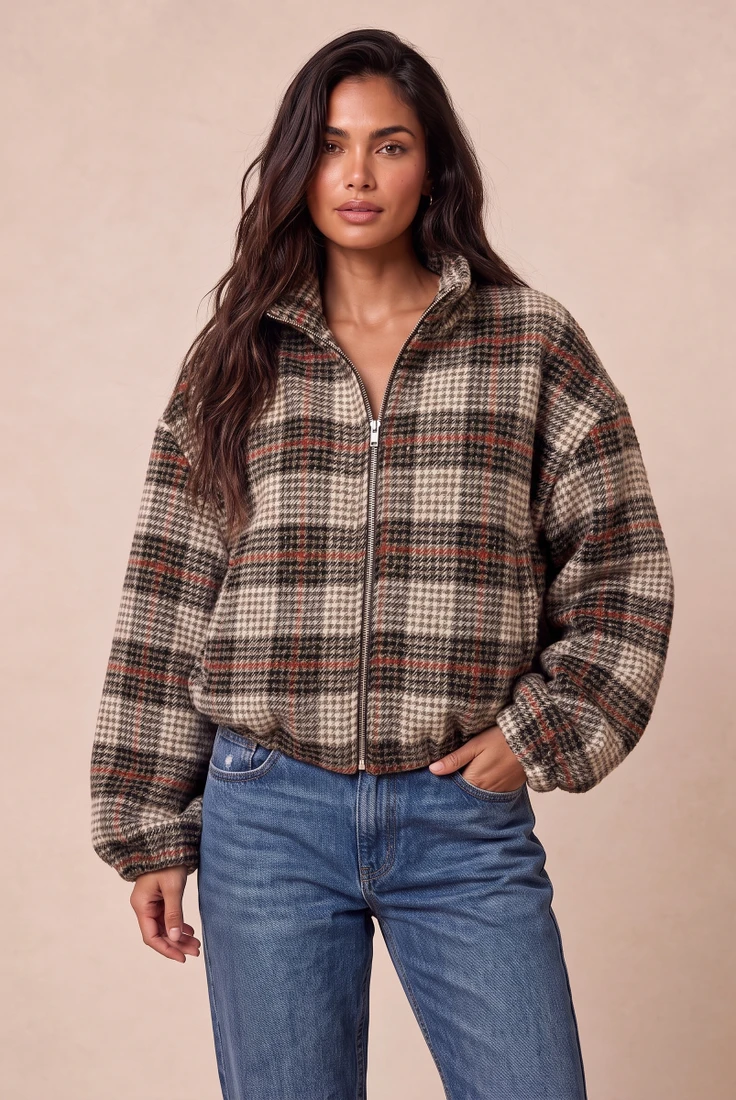 Checkered Tweed Funnel Neck Jacket