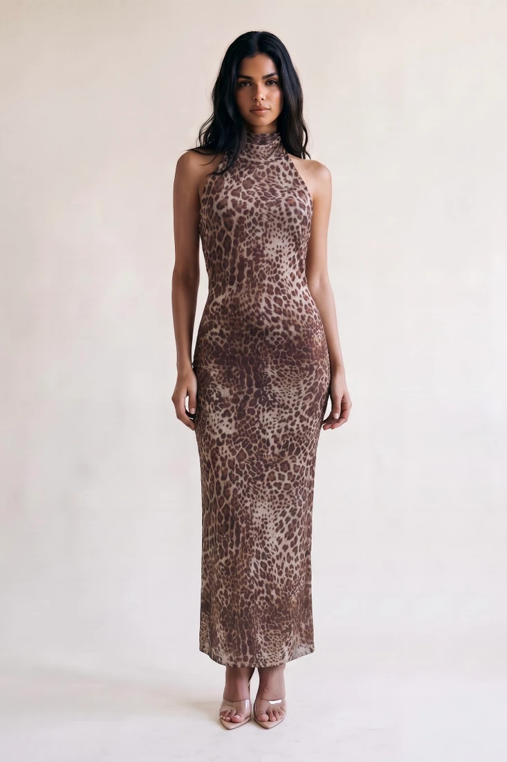 Cheetah Print Halterneck Maxi Dress