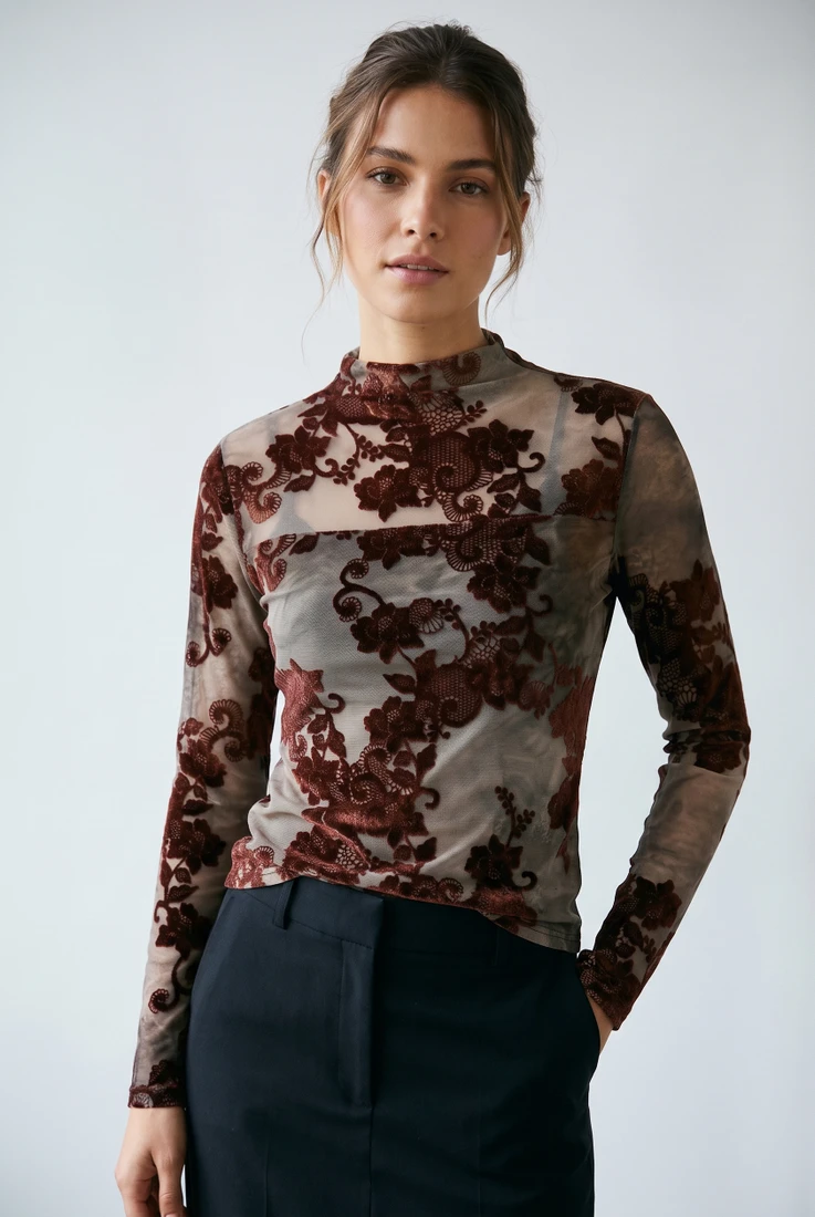 Mesh Floral Flocked Blouse