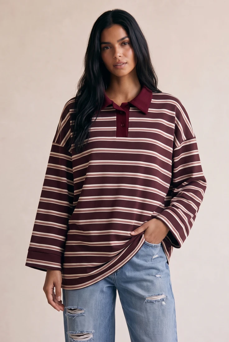 Oversized Striped Long Sleeve Polo Neck Top