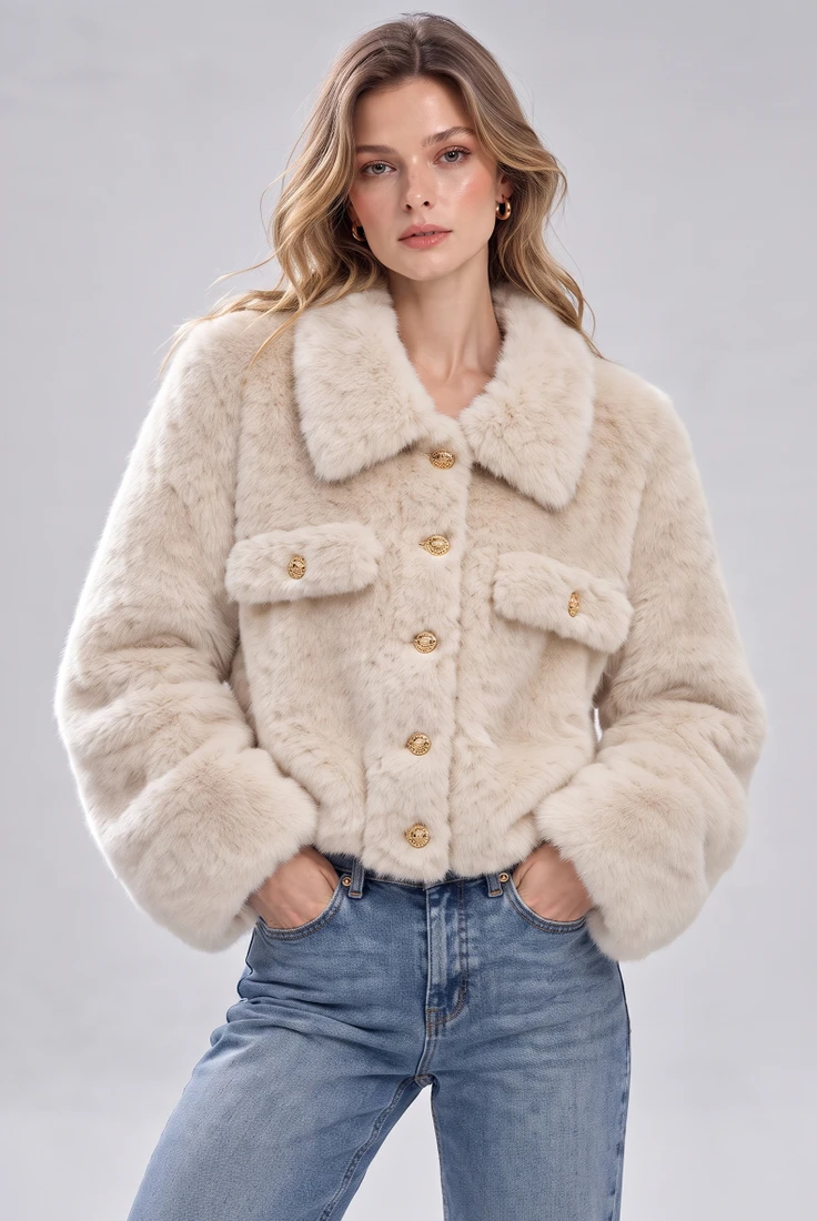 Faux Fur Jacket With Gold Button Detail