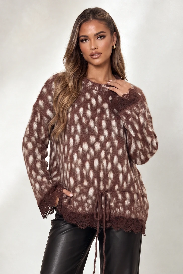 Deer Print Lace Trim Jumper 