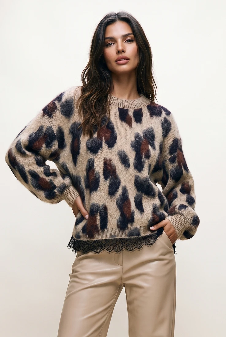 Leopard Print Split Lace Back Jumper 