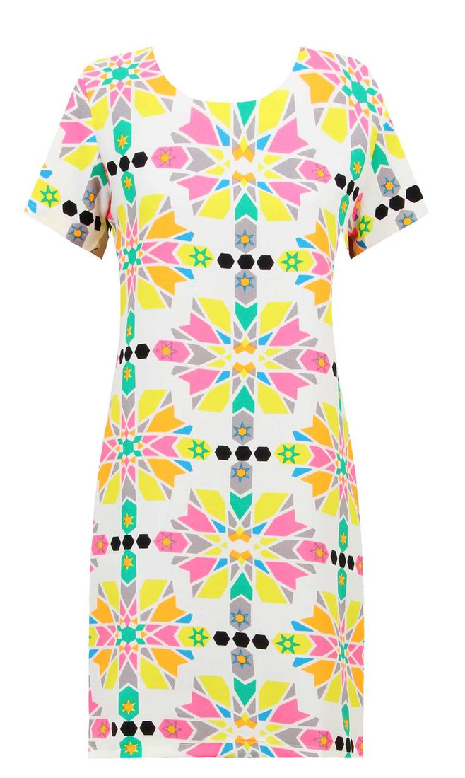 Neon Kaleidoscope Print Crepe Shift Dress 