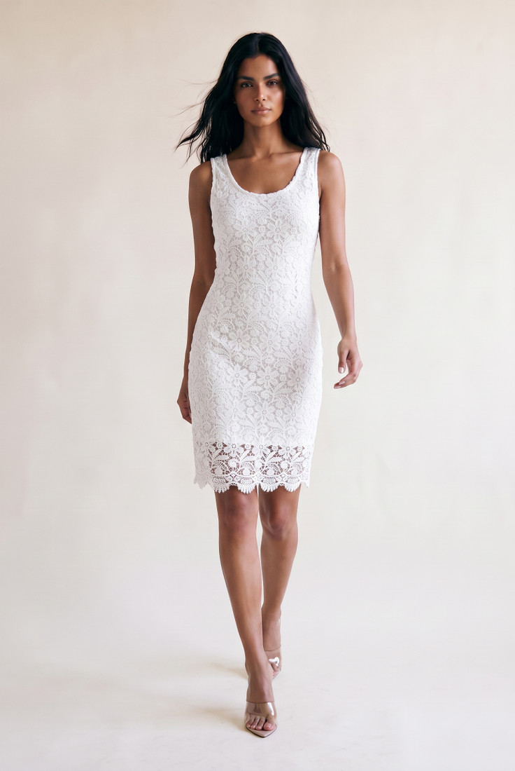 Cream Flower Lace Detail Back Zip Up Lined Bodycon Dress