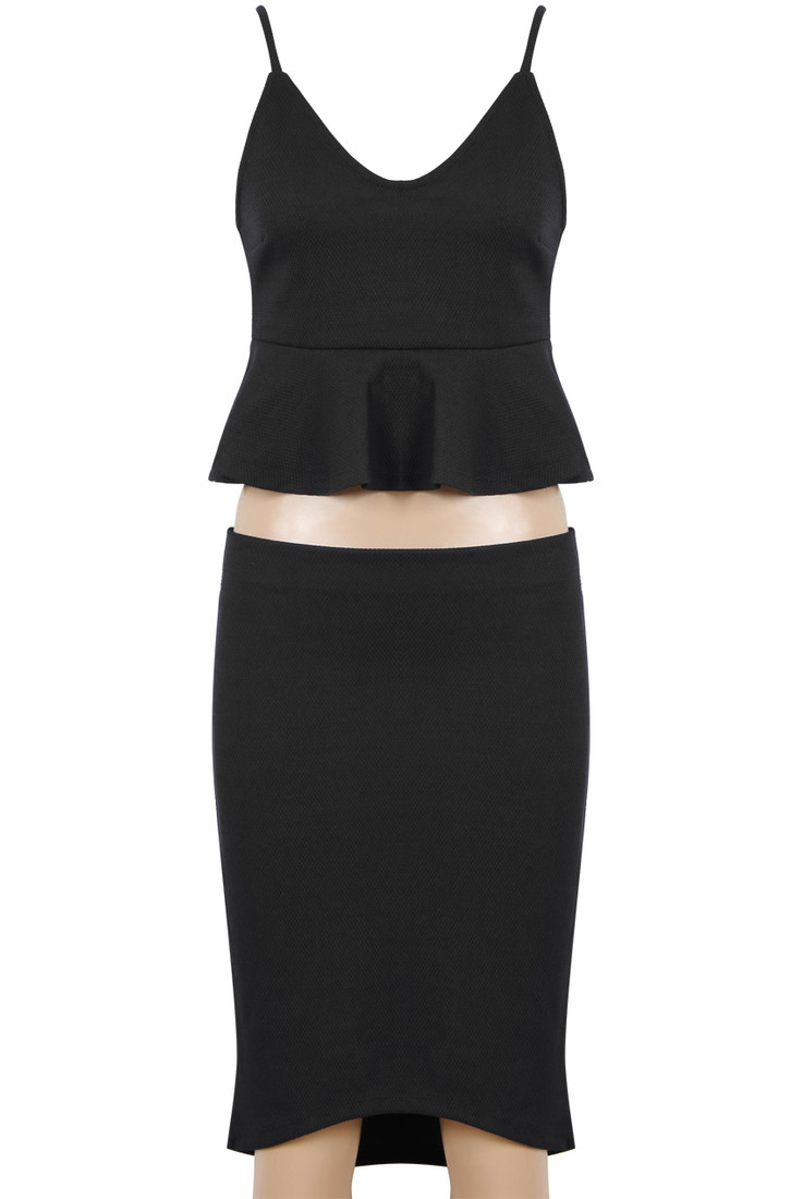 Black Peplum Cami and Curved Hem Skirt Set