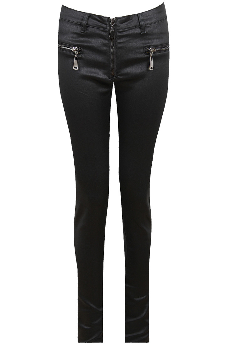 Black PVC Front Zip Up Detailed Skinny Jeans