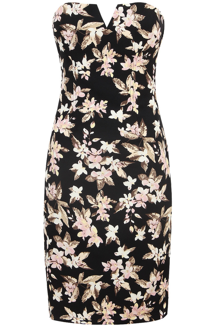 Black Flower Print Side Zip Detail Bandeau Dress