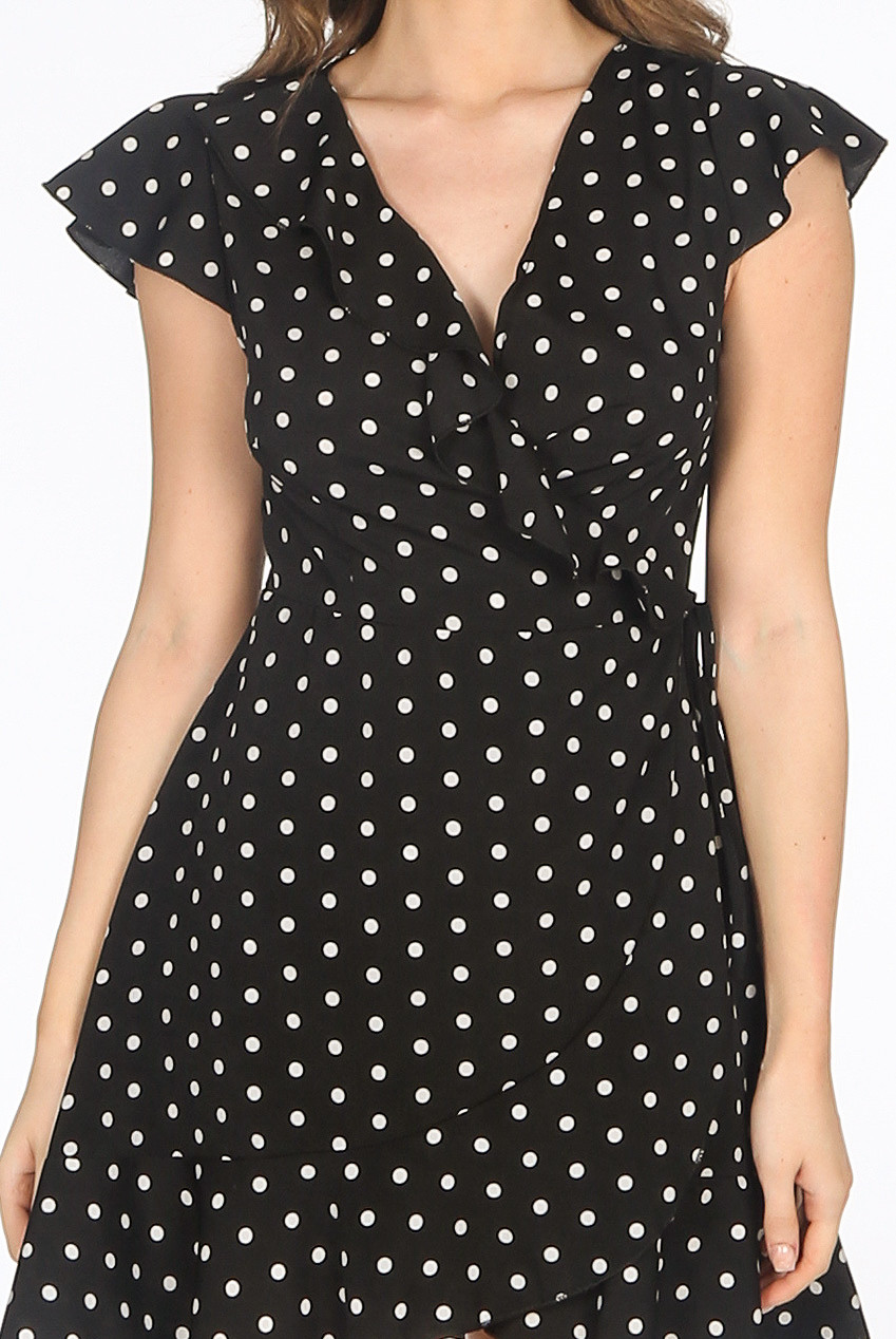 Polka Dot Frill Trim Tie Back A-line Dress