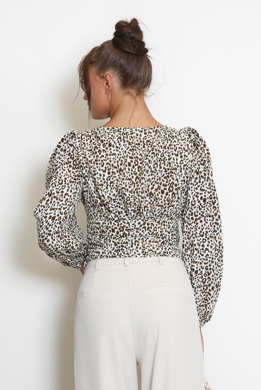 Leopard Print Bow Lace Up Puff Sleeve Crop Blouse Top